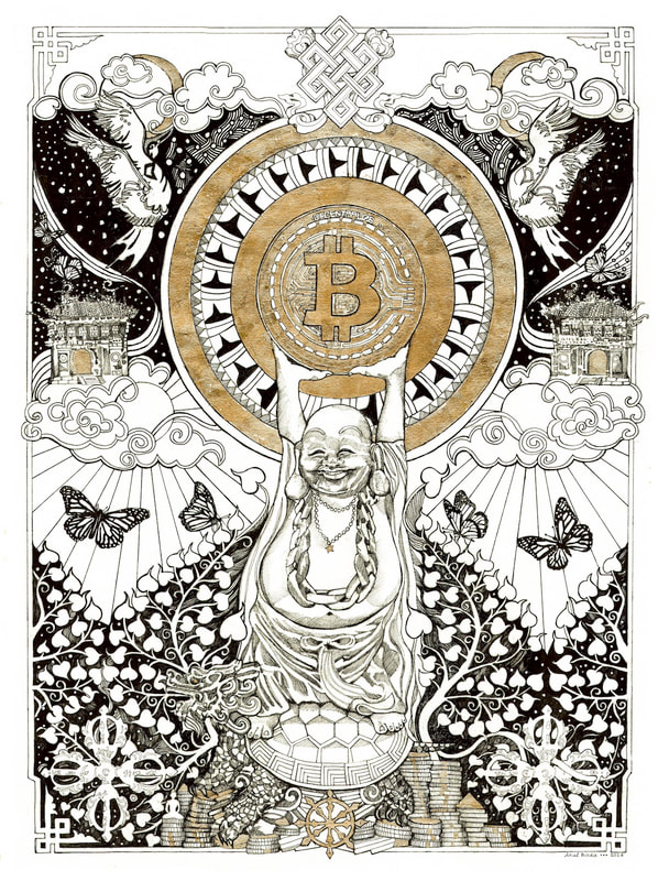 'Bitcoin Buddha' is Laughing and Happy as he stands upon the mythical Dragon-Tortoise HOLDING his Bitcoin up to the Heavens.
Bitcoin Buddha brings Good Luck, Prosperity and Abundance! Bitcoin Buddha is pen drawing on paper, embellished with Gold Leaf gilding, one of the OG pieces from the 'Gods of Bitcoin' series. OG 18 x 25" Handmade physical artwork, in private collection.