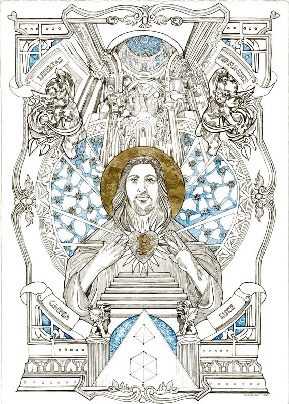 Bitcoin Jesus 2024
Bitcoin Jesus is one of the Original 2 Gods of Bitcoin, his manifestation began in 2020 and was completed four years later. Jesus is sitting in traditional 'Sacred Heart' fashion, with a Golden Orb of Light behind him. Details include a high ceiling akin to the awe inspiring churches of the European Renaissance. Jesus is flanked above by Cherubs and Below by Medieval Lions. The Banner reads "Libertas Perfundit Omnia Luce" : Latin meaning "FREEDOM SPREADS THROUGH ALL THE LIGHT"
The Original Piece is Hand Drawn and Hand Gilded with Gold, Framed in a custom Wooden Frame with 24K Gold Gilding. Viewable at the Bitcoin Museum in Nashville TN,