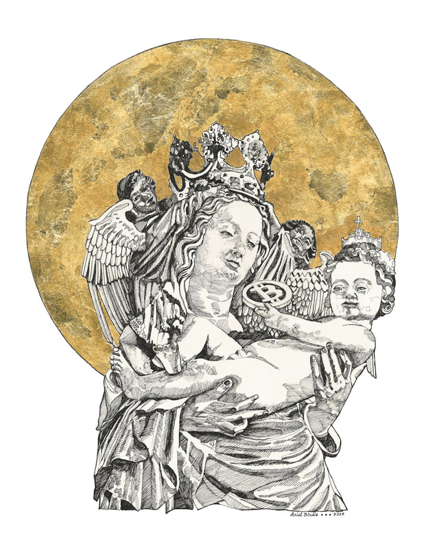 Madonna with Child Holding Bitcoin
'Madonna with Child Holding Bitcoin' gives reverence to our divine mother, our creator and our savior. Aka "Baby Bitcoin Jesus" A continuation of the Gods of Bitcoin Series, exploring the relationship between Bitcoin and the Divine. Hand Drawn with Micron Pen on Paper, Hand Gilded with Gold Leaf Embellishment. OG 11 x 14" Physical Artwork, in private collection.