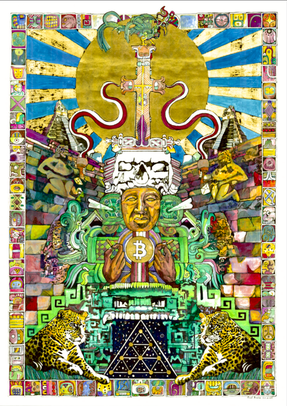 Bitcoin Prophecy 2024
Prophecy is a colorful hand painted and gold gilded Bitcoin Zuvuya large print, hung as a scroll. A special exhibition piece for Adopting Bitcoin Gallery in El Salvador. The work illustrates a Mayan priest holding his Bitcoin between the solar gods and the underworld. The ZUVUYA is a large inter-dimensional thread that weaves past to future and to all time and space, also known as the universal 'wave' of energy that surrounds everyone and connects all things. The Ancient Maya travel along the ZUVUYA, have vast knowledge of astronomy and calendrics, and prophesize the rise of Bitcoin! In Private Collection.