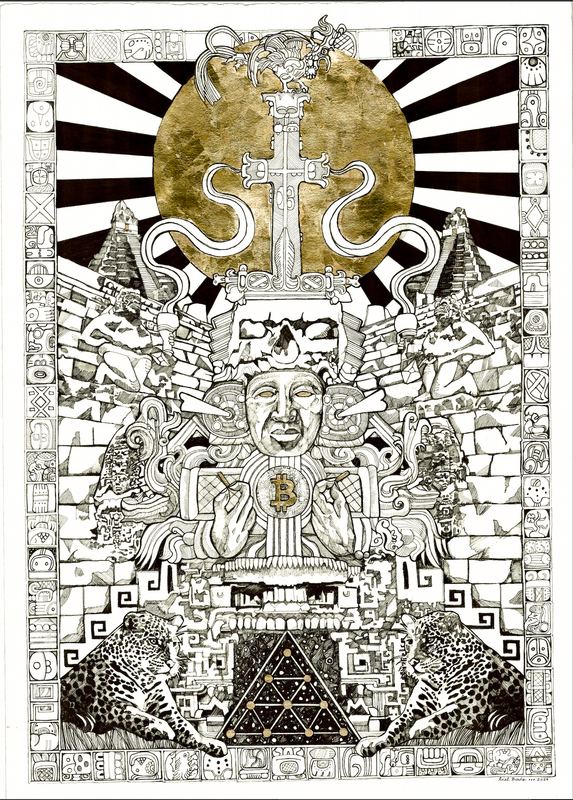 Bitcoin ZUVUYA 2024
Bitcoin Zuvuya is one of the original 2 Gods of Bitcoin, the layout began in 2020 and was completed four years later. The work illustrates a Mayan priest holding his Bitcoin between the solar gods and the underworld. The ZUVUYA is a large inter-dimensional thread that weaves past to future and to all time and space, also known as the universal 'wave' of energy that surrounds everyone and connects all things. The Ancient Maya travel along the ZUVUYA, have vast knowledge of astronomy and calendrics, and prophesize the rise of Bitcoin! The Original Piece is Hand Drawn and Hand Gilded with Gold, Framed in a custom Wooden Frame with 24K Gold Gilding. In Private Collection.